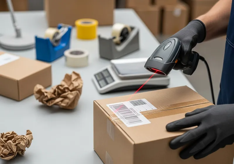Handheld barcode scanner scanning a label on a cardboard box at a packing station