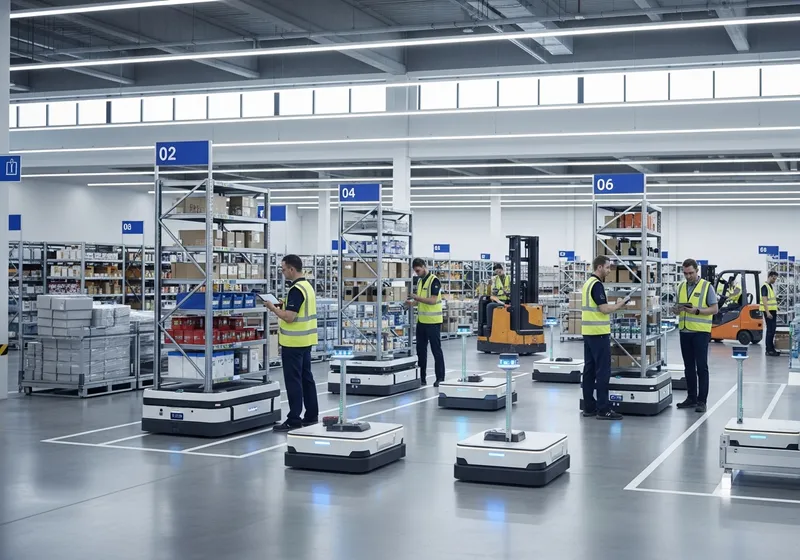 Modern warehouse with autonomous mobile robots working alongside people