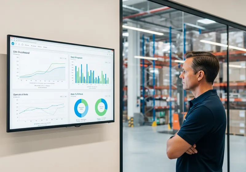 Manager watching a live operations dashboard on a wall-mounted monitor