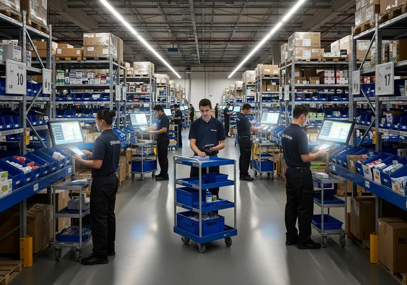 Warehouse pickers moving efficiently along aisles with carts and glowing pick displays