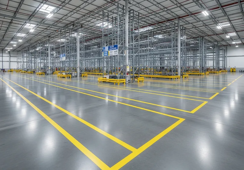 Warehouse floor with yellow lane markings and clearly zoned staging areas