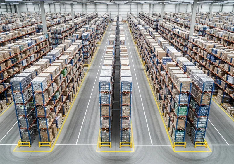 Overhead view of a well-organized warehouse with straight aisles and clear floor markings