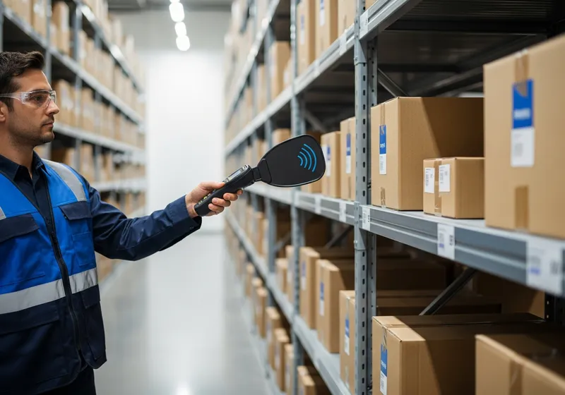 Worker using an RFID handheld reader near shelving with tagged boxes