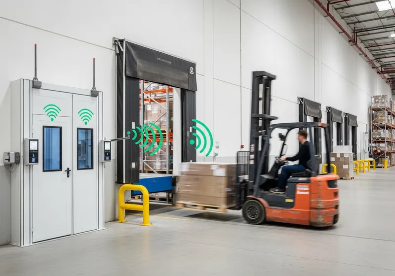RFID reader portal at a warehouse dock door as a forklift moves a pallet through