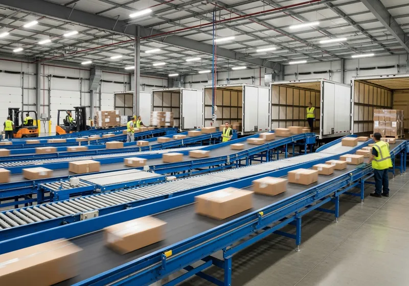 Busy warehouse shipping dock with parcels moving on a conveyor toward truck doors