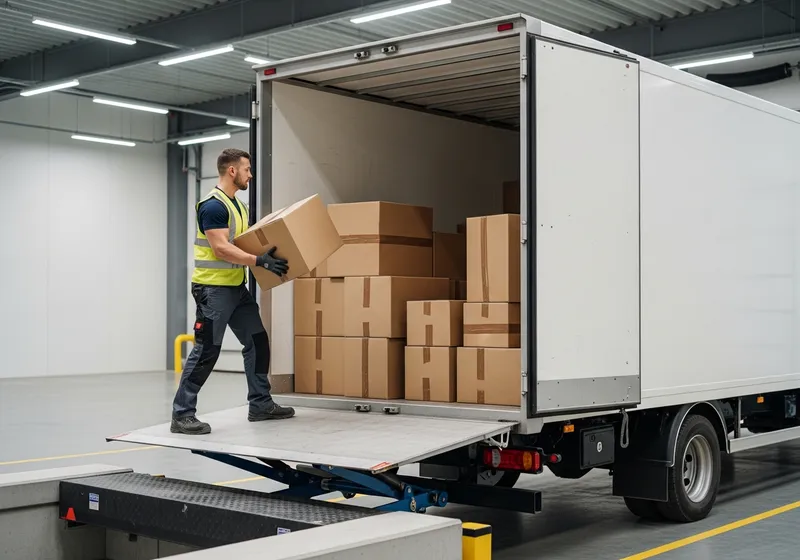 Warehouse worker loading sealed boxes into a delivery truck at a loading dock